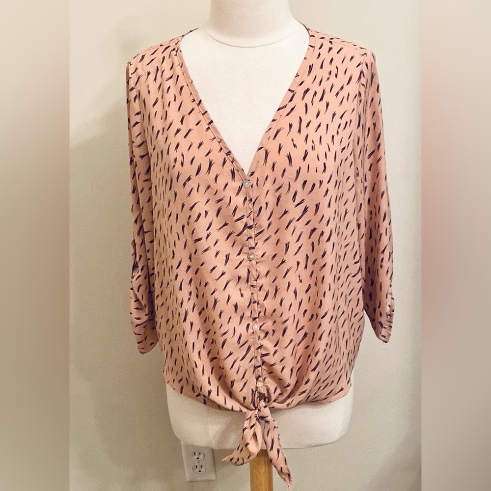 Acoa Pink Grey Print Size L Boho Cottagecore Preppy Business Casual Boxy Fit Top